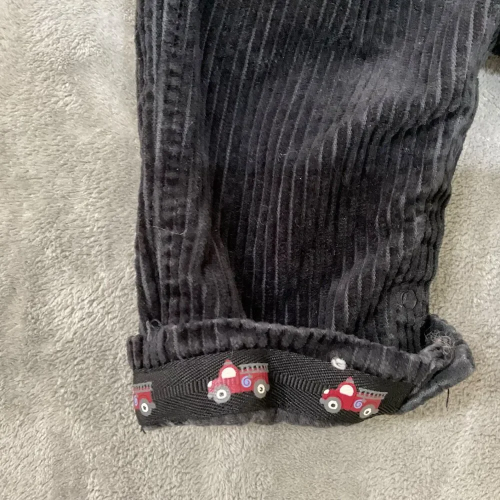 GYMBOREE Sz 3-6 mo Black Corduroy Overalls fire truck hem snap closure